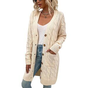 Disi Womens beige Cardigan Long Sleeves Cable Knit Open Front Loose Sweaters